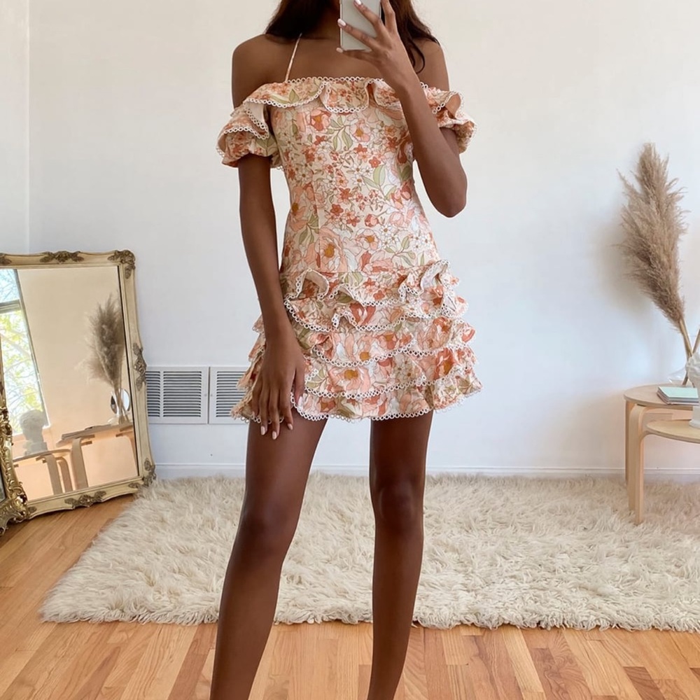 Caitlin peach floral off the shoulder ruffle tiered mini dress